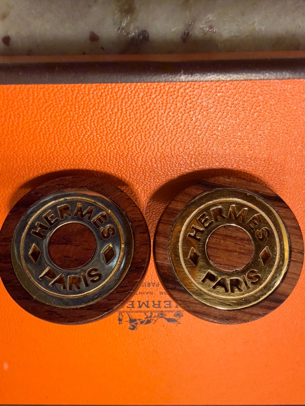 Hermès Clou de Selle Wood Gold Clip Earrings Vintage Paris Rare